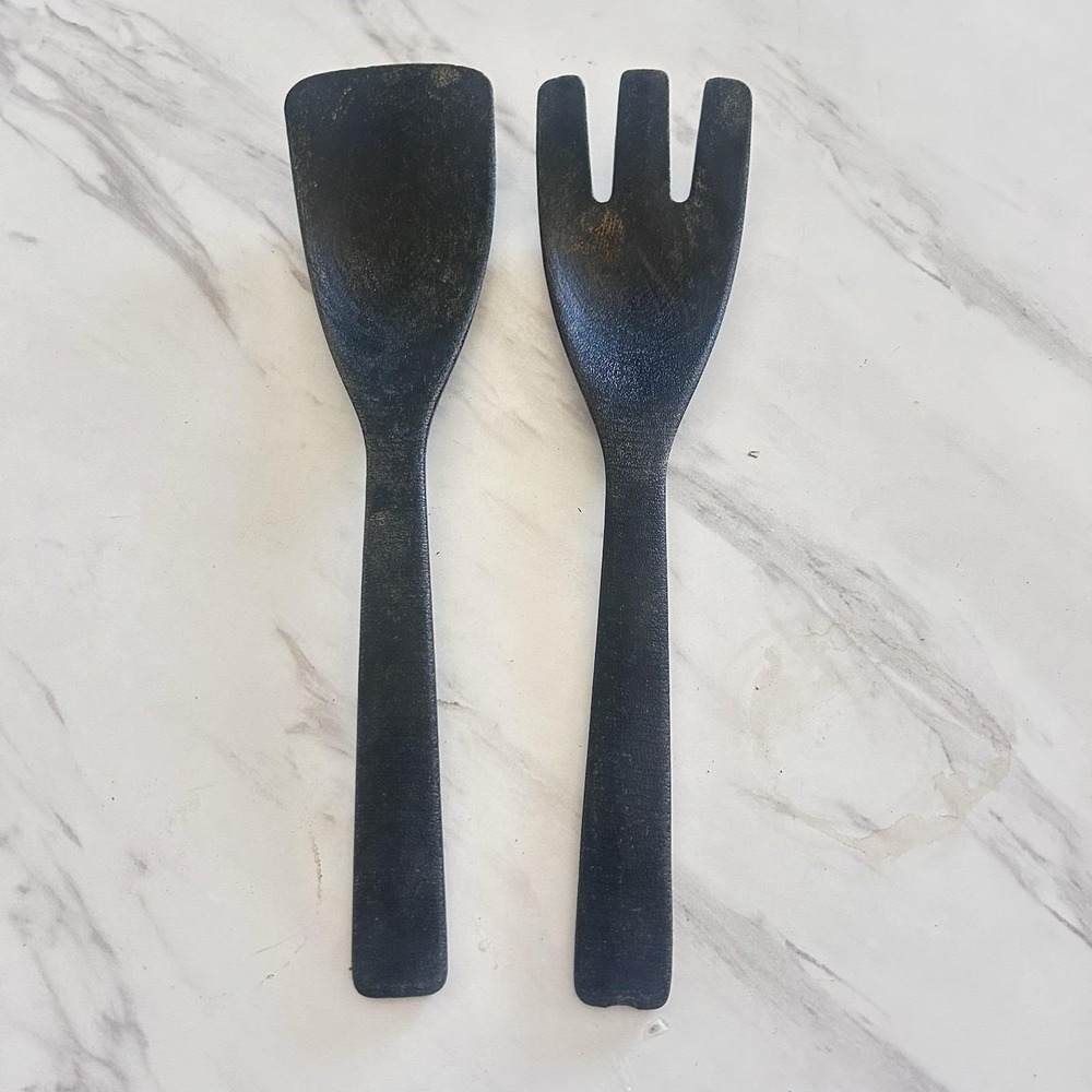 Vintage Salad Servers Wood Composite Black MCM 11"‎ Set of 2 BxA